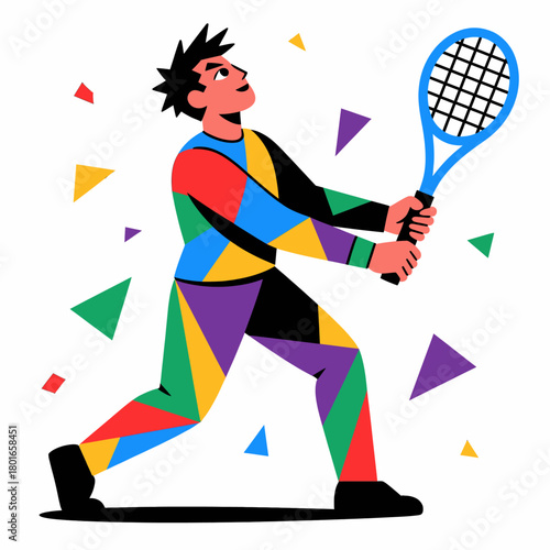 Colorful tennis player in geometric style, dynamic pose isolated