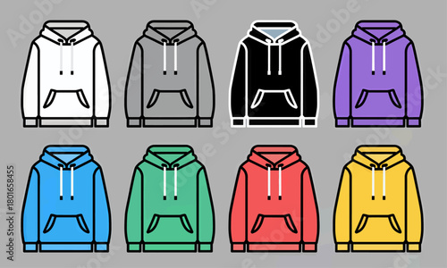 Colorful hoodie collection, minimal vector illustration, isolated