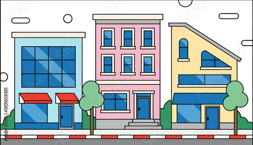 Colorful urban buildings illustration, minimal cityscape with shops