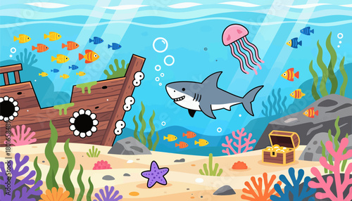Colorful underwater scene with shark and sunken ship
