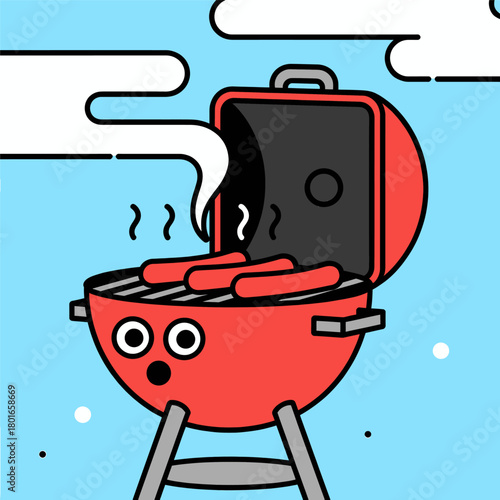 Cute barbecue grill illustration, cartoon style, sausages cooking, isolated