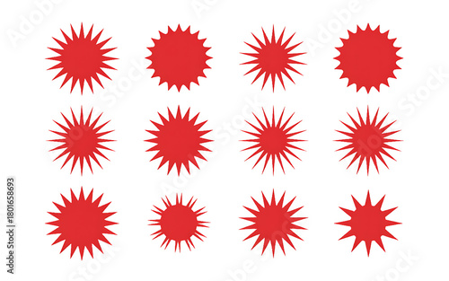 Twelve Red Starburst Shapes On White Background image