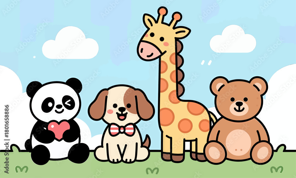 Obraz premium Cute cartoon animals sitting together, playful vector illustration, outdoors