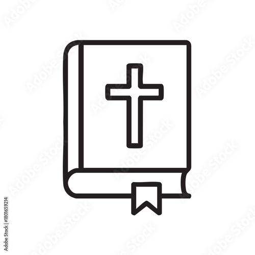 A simple line drawing depicts a closed holy book with a cross emblem and a bookmark inside