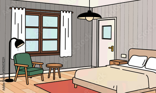 Cozy bedroom interior, minimal vector scene, modern design