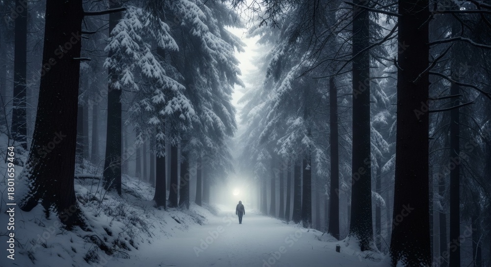 Naklejka premium Lone figure walking in misty snowy forest at night.
