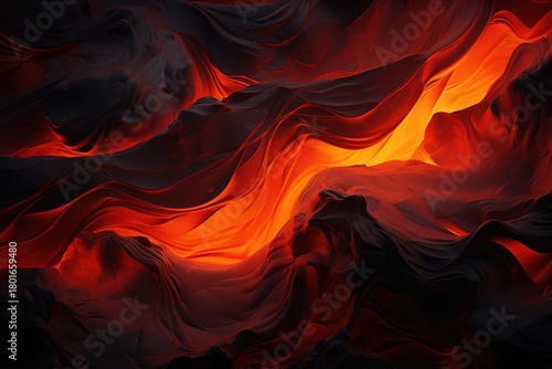 fiery orange and black lava flow with red flame. lava is flowing down mountain and flame is shooting out of top. image has sense of danger and destruction, as lava