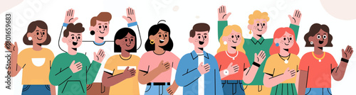 Diverse group of people asking questions & raising hands, colorful flat design illustration