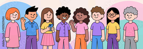 Diverse group waving friendly colorful vector illustration