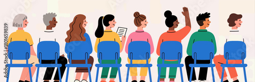 Diverse students in classroom, colorful vector illustration, raising hands and seated.