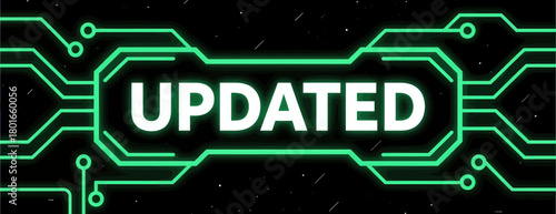 Futuristic updated text on cyber circuit board background.
