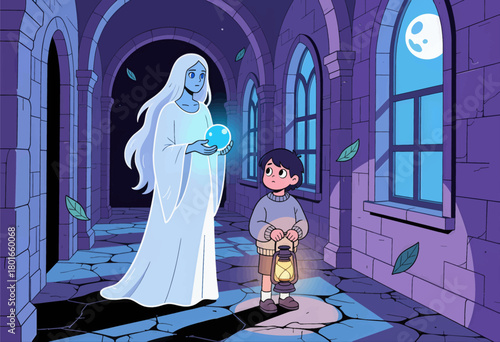 Ghostly figure with glowing orb meets boy with lantern in mystical castle corridor cartoon illustration