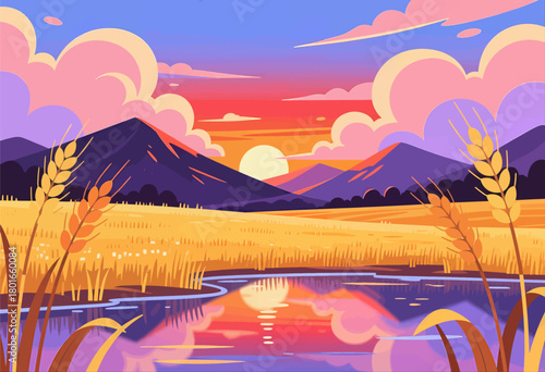 Golden wheat field at sunset, flat design landscape with mountains