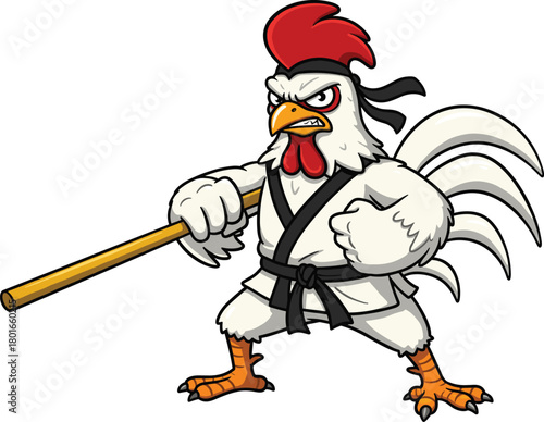 Cartoon martial arts rooster fighter with staff, white gi and black belt, funny animal warrior vector illustration for combat, sports, and humor design.