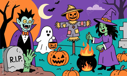 Halloween characters in cartoon style with pumpkins and tombstone