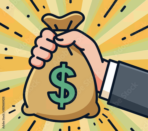 Hand holding money bag with dollar sign, colorful vector illustration