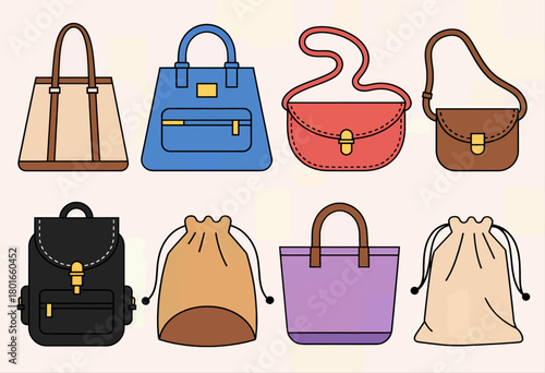 Handbag and backpack illustration set, minimal flat design, isolated.
