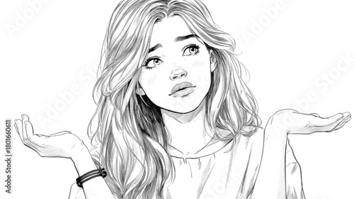 Puzzled Woman, confused and expressive, curious portrait sketch, with open hands