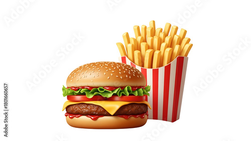 Delicious Burger and Fries Combo on a Black Background with Red and White Striped Container