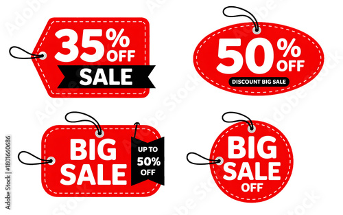 Four red sale tags with discount percentages and text
