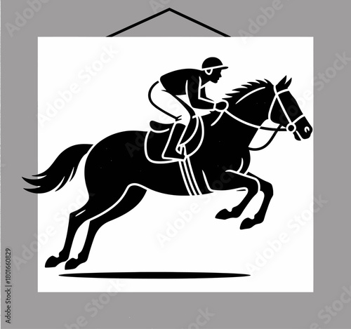 Horse racing silhouette, minimal jockey on galloping horse, isolated