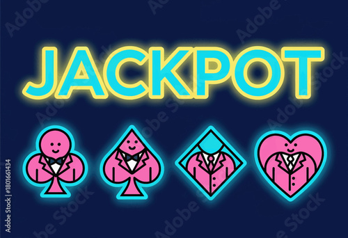 Jackpot sign with playing card suits, neon minimal design, isolated