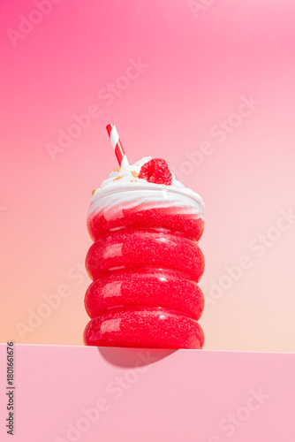 Raspberry smoothie with whipped cream on pink background