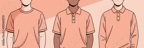 Men wearing polo shirts and tees, casual minimal illustration