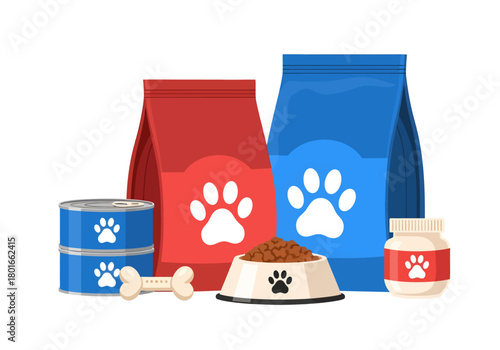 A complete assortment of pet food, including dry kibble bags, wet food cans, a bowl of food, a supplement jar, and a bone treat, illustrated in a flat vector style on a white background