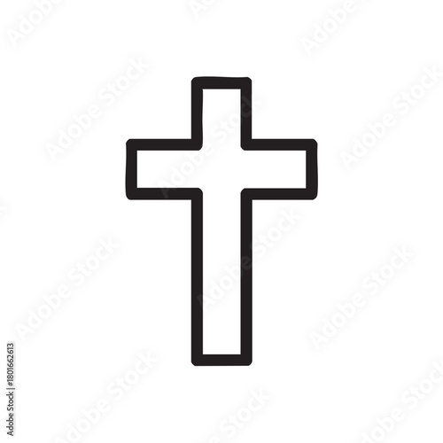 A simple black outline of a christian cross stands prominently on a completely white background symbolizing faith
