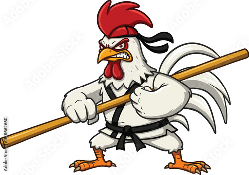 Cartoon martial arts rooster warrior with staff, white gi and black belt, funny animal fighter vector illustration for combat, sports, and humor design.