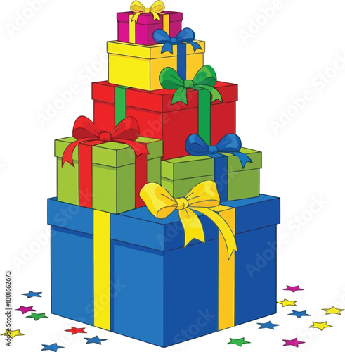 Stack of colorful gift boxes with ribbons isolated on white background