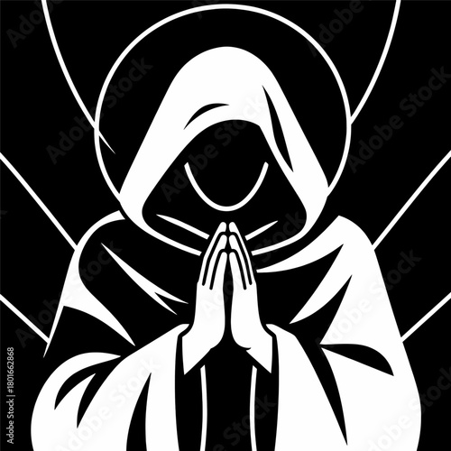 Mystical figure praying, minimalist design, isolated