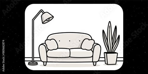 Minimal living room illustration with sofa floor lamp and plant