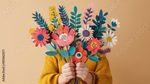 women's hands with  colorful paper flowers, craft bouquets on  beige background