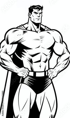 Muscular superhero illustration, bold outline style, isolated heroic pose