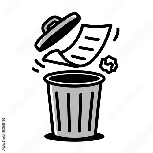 Paper thrown into trash can, waste disposal flat icon, isolated