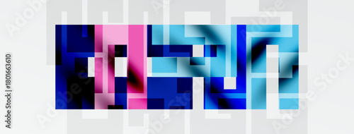 Pixelated text spells design. Pink, blue hues dominate rectangular blocks. White background provides contrast. Modern aesthetic.