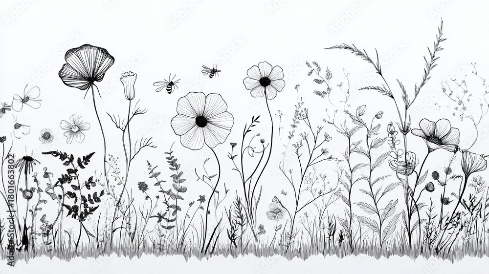 Naklejka premium Floral Line Art Decor, Design Element (Suitable for Illustration Design, Decorative Scenarios, Visual Materials, etc.)
