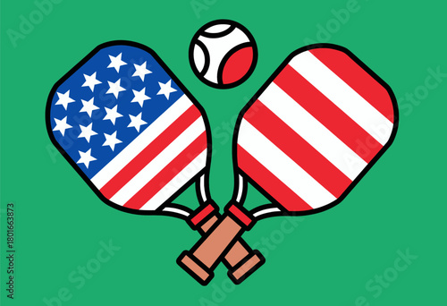 Pickleball paddles with American flag design and ball, minimal vector