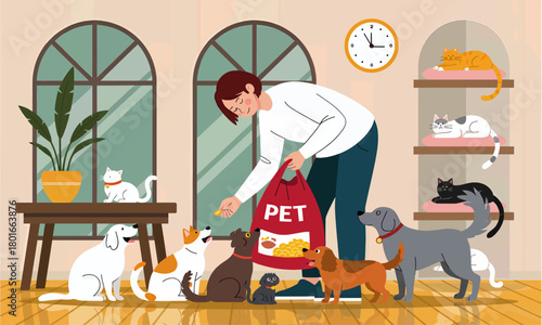 Pet owner feeding dogs and cats indoors, flat vector illustration with animals