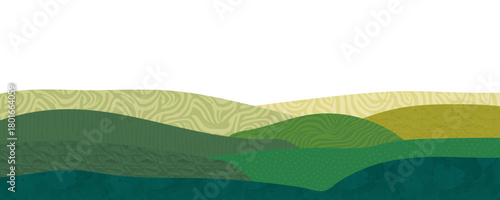 Abstract farm field collage background. Agro land backdrop, farmland landscape vector illustration with texture. Oriental decorative banner, eco design, green rural panorama, ecology art header