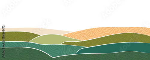 Green farm, abstract agriculture, garden template, field layout vector textured illustration. Green nature pattern, crop, hill, mountains. Ecological wavy ornament, eco header, sustainable scenic view