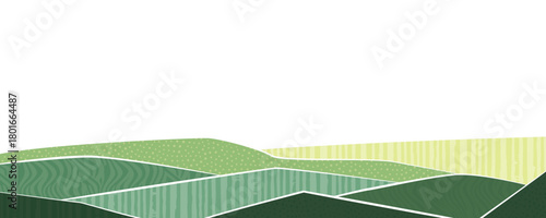 Abstract farm field collage background. Agro land backdrop, farmland landscape vector illustration with texture. Oriental decorative banner, eco design, green rural panorama, ecology art header