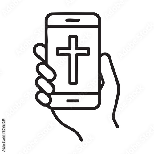 A hand holding a mobile phone displaying a christian cross icon representing faith and digital connection