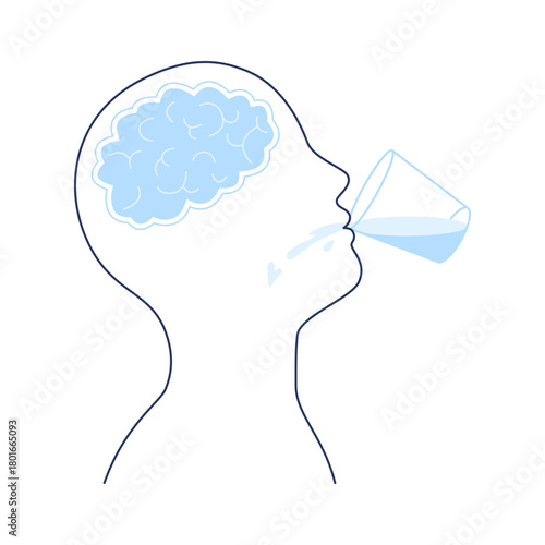 Human head outline with brain and glass of water for hydration. Health awareness for medical healthy mind and well-being concept. Vector illustration