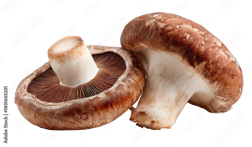 Fototapeta premium Two brown mushrooms, one halved, with gills visible