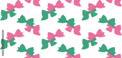 Seamless pattern with decorative green, pink ribbon bows, hand drawn element, flat Christmas bow on white background for wallpaper, banner, fabric wrapping paper. Vector EPS10