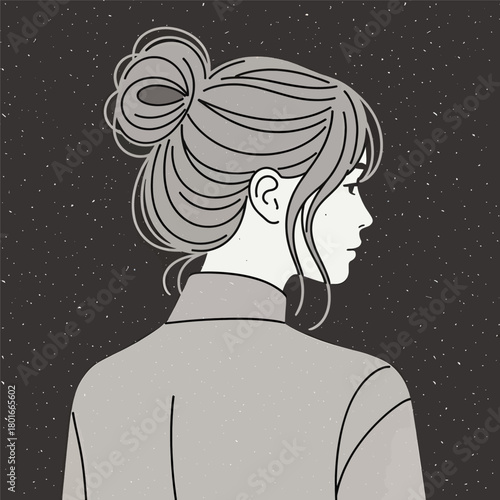 Stylish woman with hair bun, minimalist illustration, on starry background