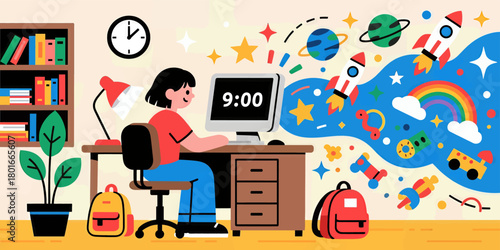 Student at desk using computer with imaginative elements, colorful back to school concept